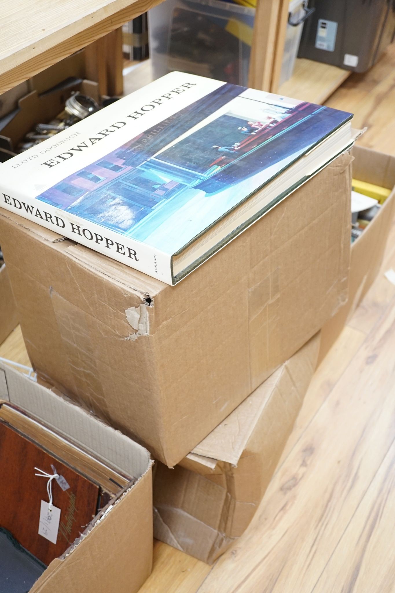 A quantity of books on art, design and architecture, in 4 boxes, Abrams, Edward Hopper, David Roberts, The Holy Land and other 20th century volumes.